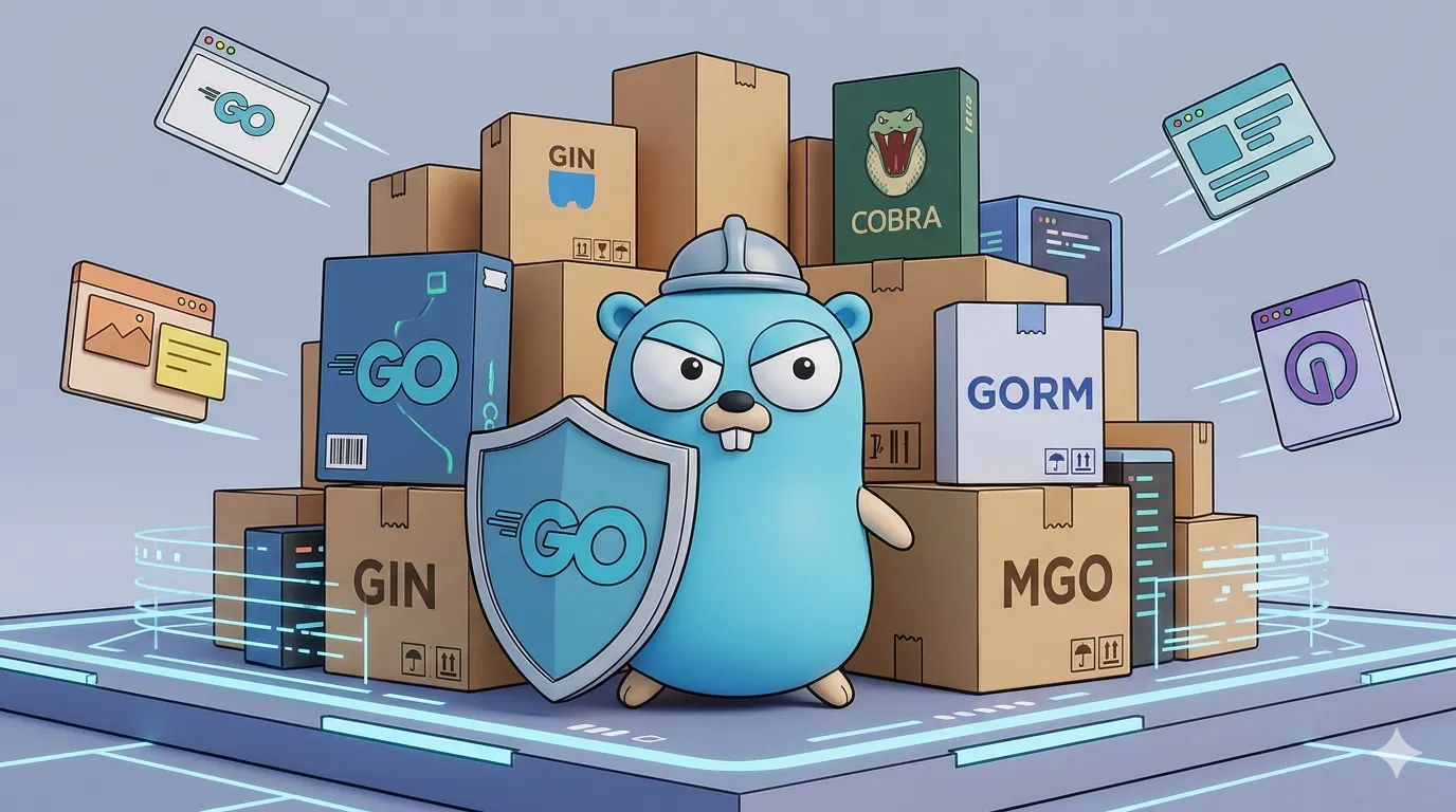 A gopher guarding a stack of go packages using a shield
